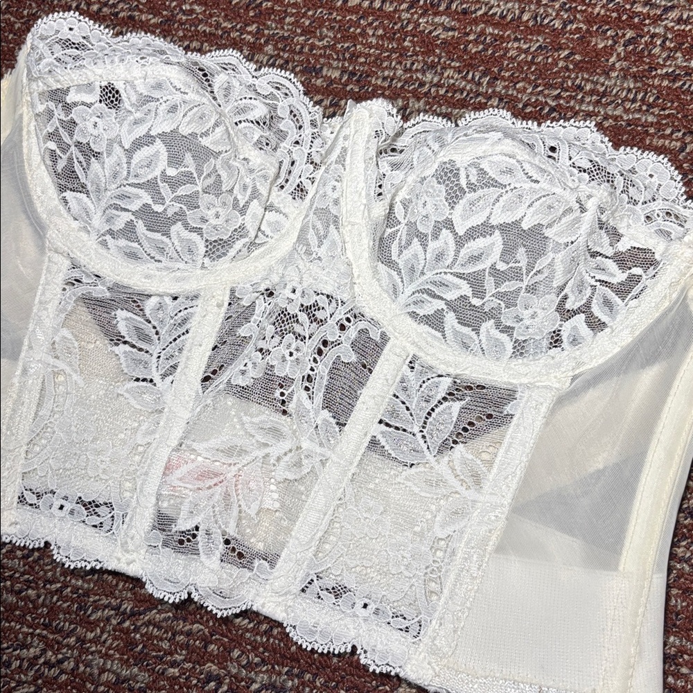 Fleur De Lace cream eyelet lace bustier sheer delicate lace vintage bra 36A - Picture 2 of 16